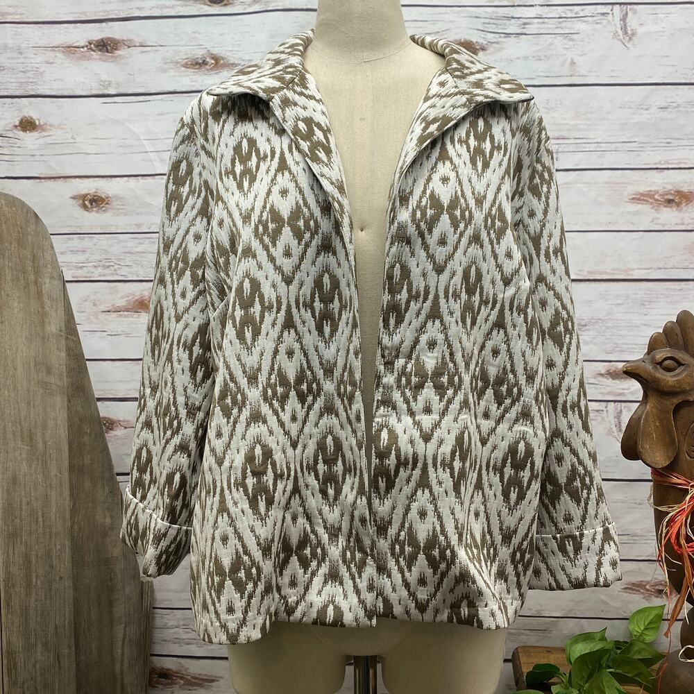 CHICO'S 2 Jacket Ikat Jacquard Marina 3/4 Sleeve Cairo L 12 Diamond Print NWT